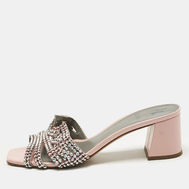 Gina Pink Leather Crystal Embellish Arizona Slide Sandals Size 38.5