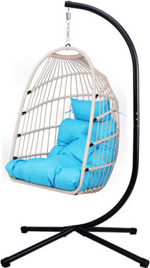 East Urban Home Outdoor Egg Hanging Chair with Stand Patio Wicker Swing Egg Chair Indoor Swinging Chair Outdoor Hammock Egg Chair
