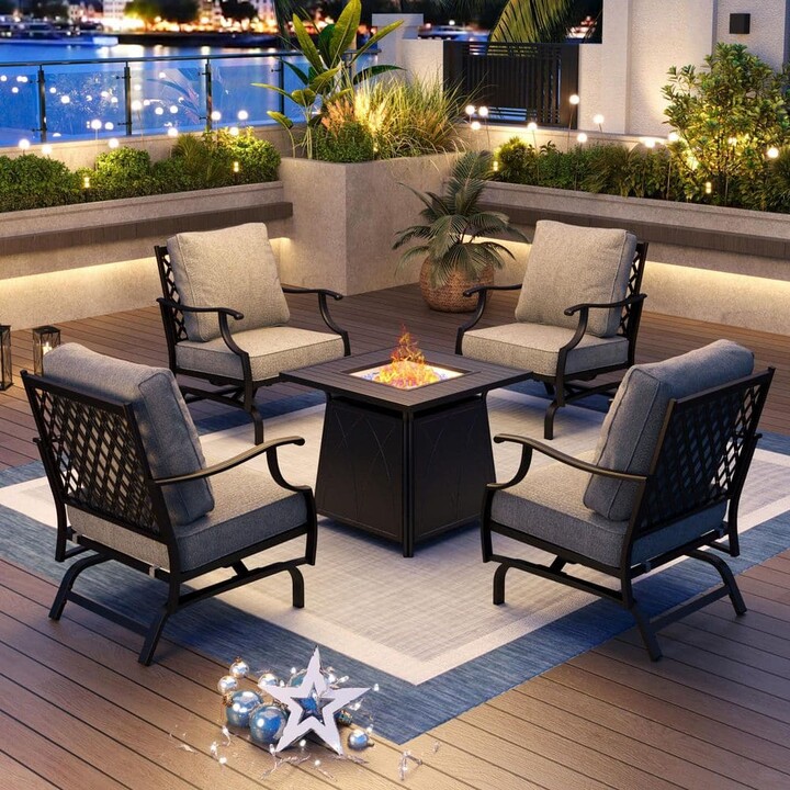 4 Seat 5-Piece Metal Steel Outdoor Patio Conversation Set with Gray Cushion, Rocking Chairs, Square Fire Pit Table