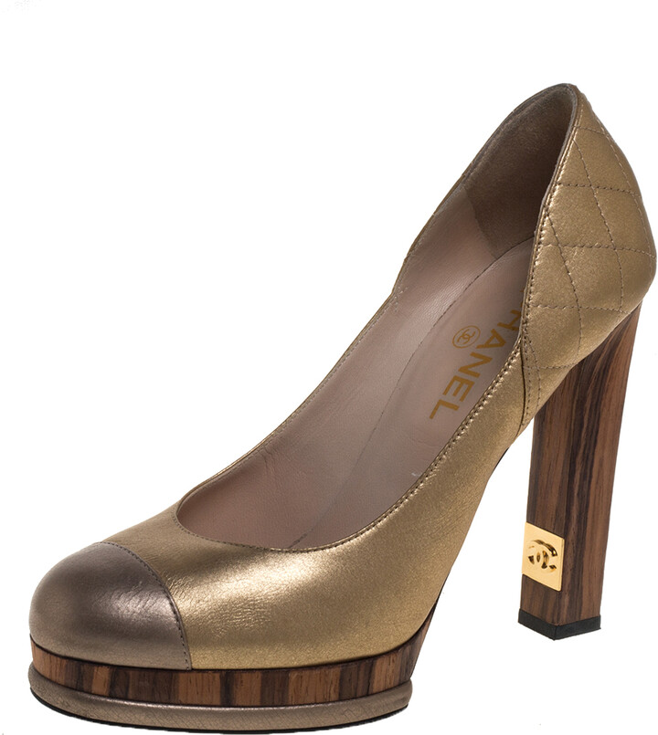 Chanel Metallic Gold/Bronze Quilted Leather CC Platform Pumps Size 39 -  ShopStyle