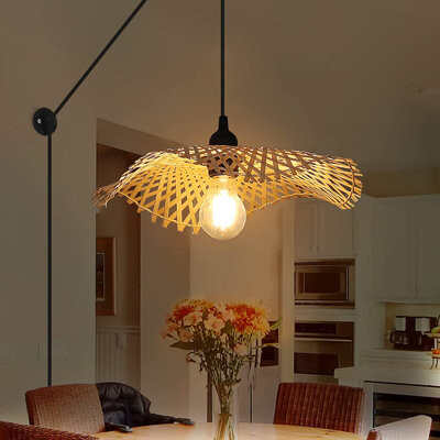 Bay Isle Home Modern Plug In Pendant Lighting Chandelier With Mounted Lamps Leaf Design Natural Bamboo Ceiling Lights For Living Room, Bedroom Handmade Weave Wall L