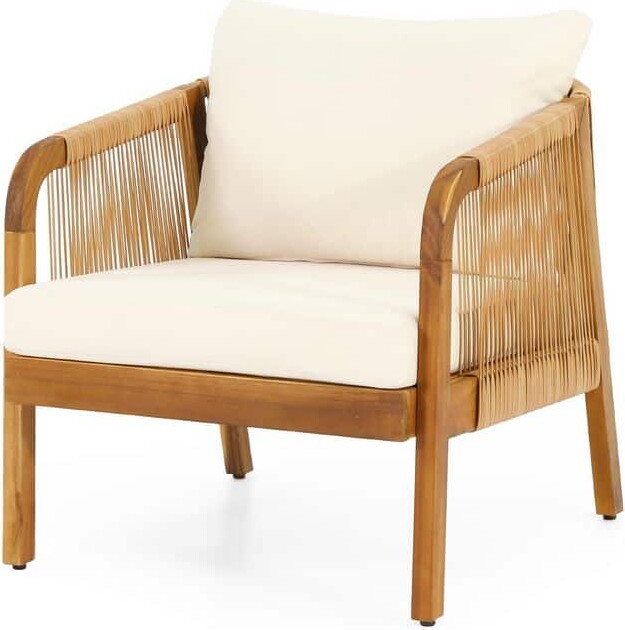 Sudzendf Acacia Wood Outdoor Lounge Chair with Beige Cushions, Patio Arm Chair for Porch, Garden, Backyard, Balcony, Brown Finish