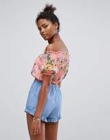 Thumbnail for your product : New Look Bardot Frill Edge Floral Print Crop Top