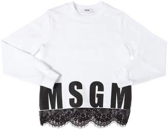 MSGM Logo Cotton Sweatshirt W/ Lace Hem
