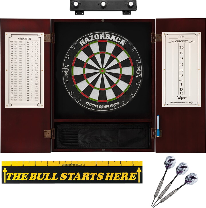 Viper Razorback Sisal Dartboard, Underground Raven Steel Tip Darts 25 Grams, Metropolitan Mahogany Cabinet, Shadow Buster Dartboard Lights & "The Bull Starts Here" Throw Line Marker