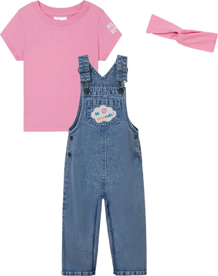 Ms. Rachel Toddler Girls Denim Square Neck Vintage Wash Cosplay Overall, T-Shirt and Headband 3 Piece Outfit Set - Blue denim / pink