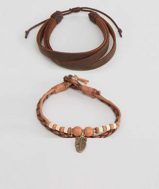 ASOS Leather Bracelet Pack In Tan With Feather Charm