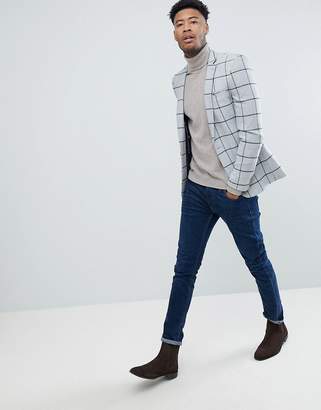 ASOS Design TALL Super Skinny Blazer In Gray Wool Mix With Green Windowpane Check