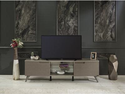 George Oliver 66 Inch Tv Stand In Brown Solid Wood Mid Century Modern With 2 Door Cabinets & 1 Glass Shelf Stand And Shelf Wood