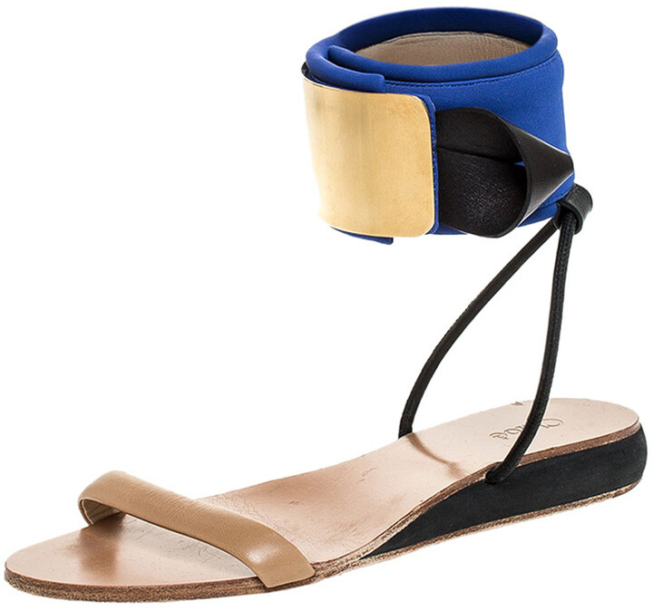 Chloé Blue/Beige Leather And Nylon Ankle Cuff Flat Sandals Size 38 -  ShopStyle