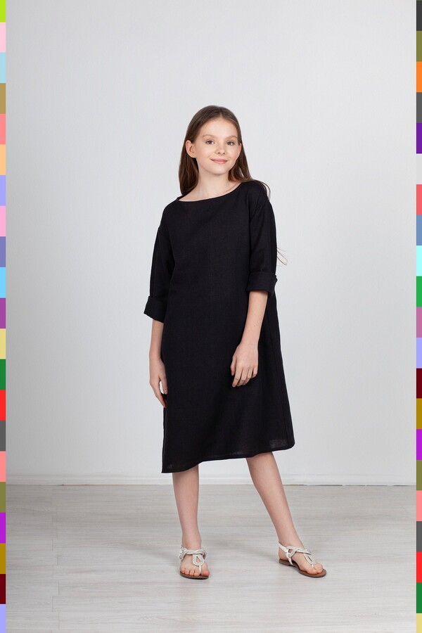 Casual Kids Dress. Black Linen Gown. Dresses. Children Tunic. Organic Clothes. 100% Pure Linen | Italy