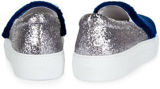 Joshua Sanders Silver Glitter & Fur Slip-On Sneakers