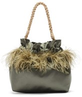 Thumbnail for your product : Montunas Ostrich Feather-trimmed Satin Drawstring Pouch - Grey