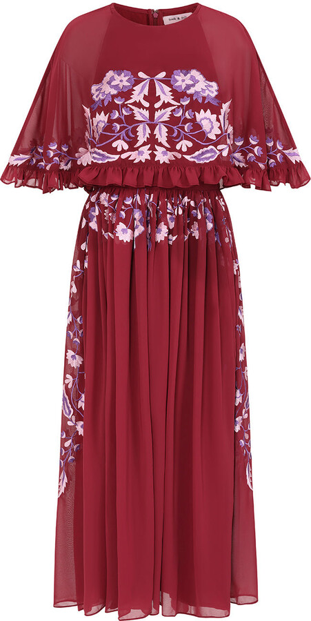Frock and Frill Scarlett Burgundy Embroidered Midi Dress With Cape Detail