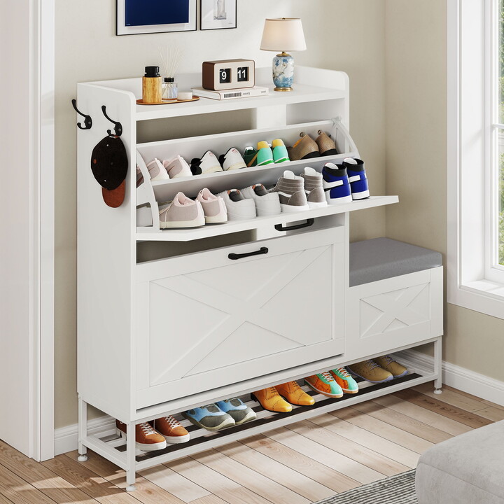 Uforic Farmhouse Narrow Slim Shoe Storage Cabinet with 2 Flip Drawers&Shoe Bench for 16 Pairs for Entryway, Foyer, White