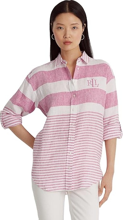 Lauren Ralph Lauren Petite Striped Oversize Linen Shirt (Sport Pink/White)  Women's Clothing - ShopStyle Tops