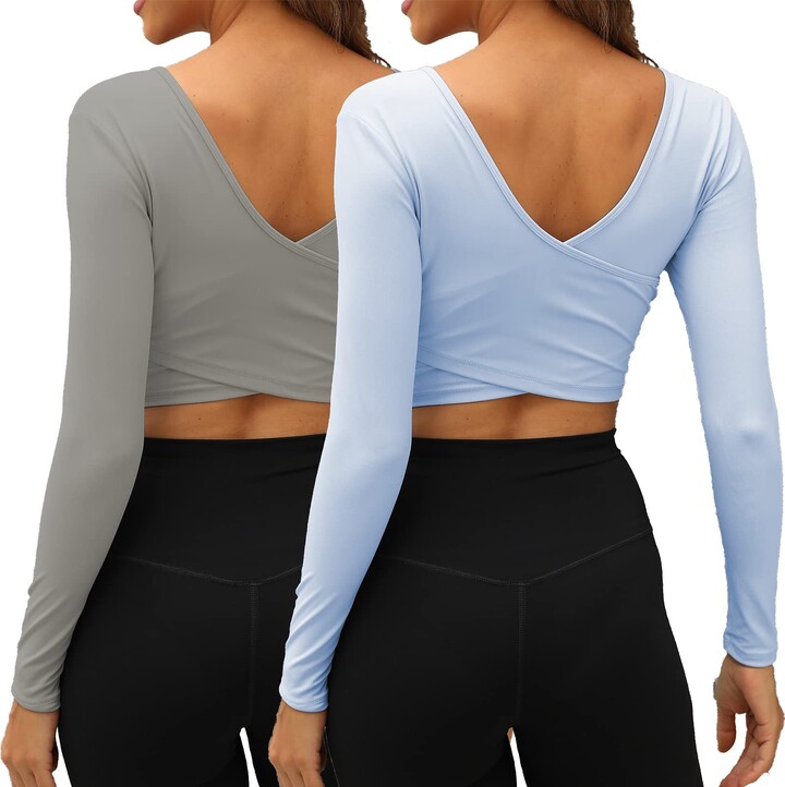 KTILG 2 Pack Women's Athletic Long Sleeve Crewneck Cropped Sweatshirts  Cross Back Seamless Gym Sport Fitness Yoga Crop Tops Compression - ShopStyle