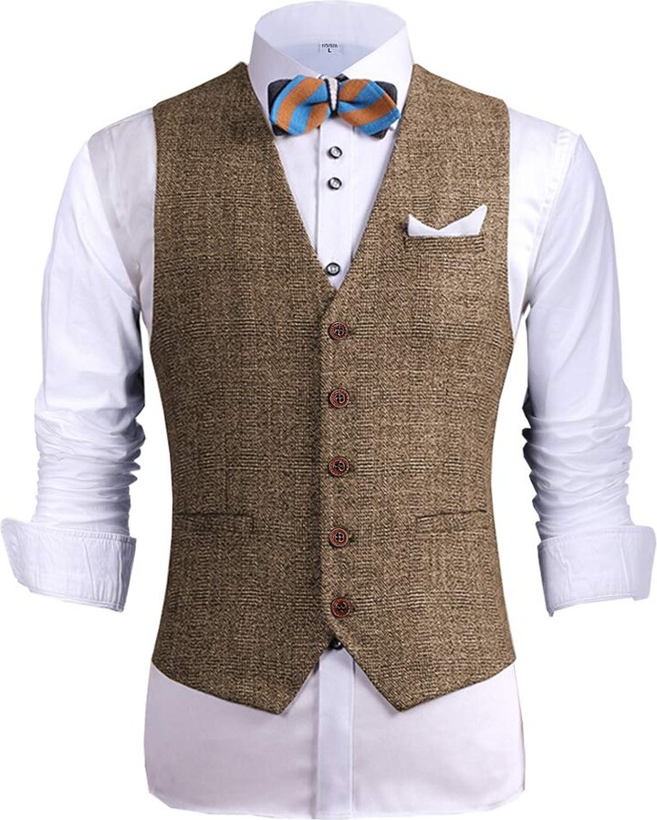 Solove-Suit Mens Vintage Tweed Wool Suit Vest V Neck Slim Fit Waistcoat ...