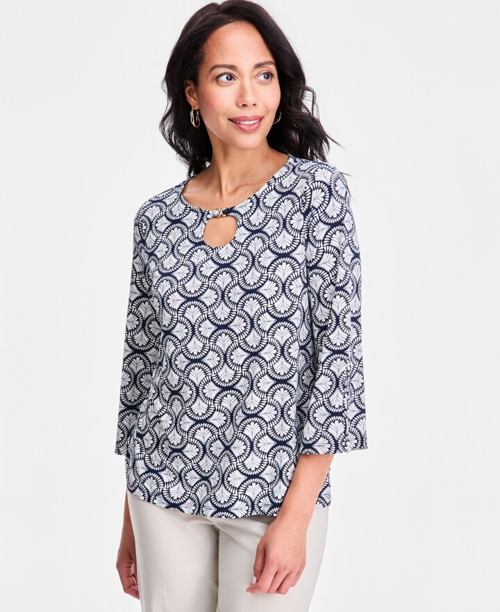 JM Collection Women's Printed Keyhole-Neck Split-Sleeve Top, Macy's Exclusive