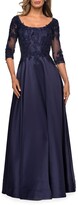 Thumbnail for your product : La Femme 3/4-Sleeve A-Line Mikado Gown with Lace Applique