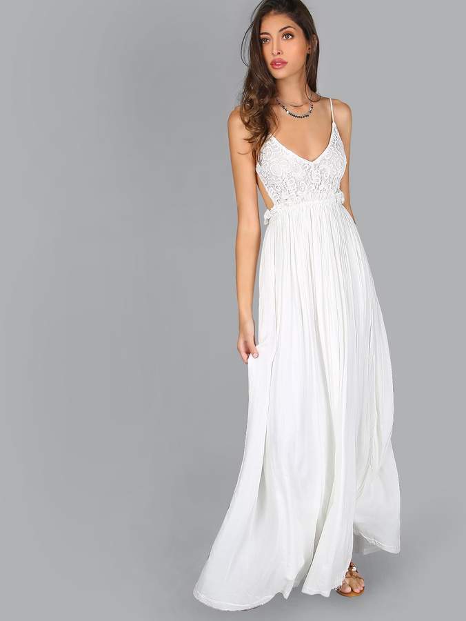 Shein Lace Overlay Backless Pleated Maxi Dress - ShopStyle