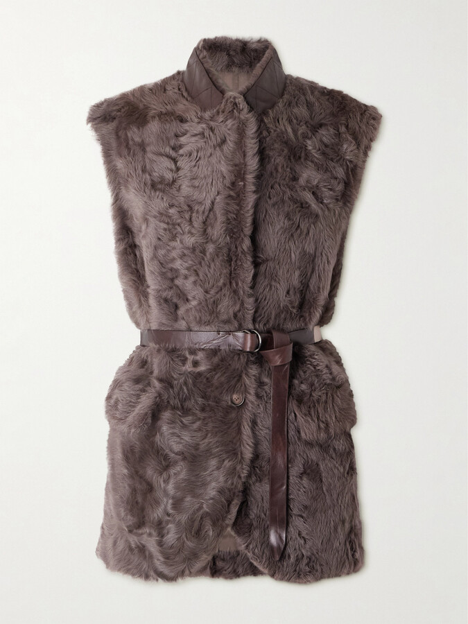 Brunello Cucinelli Leather-trimmed Belted Plush Fabric Gilet - Brown