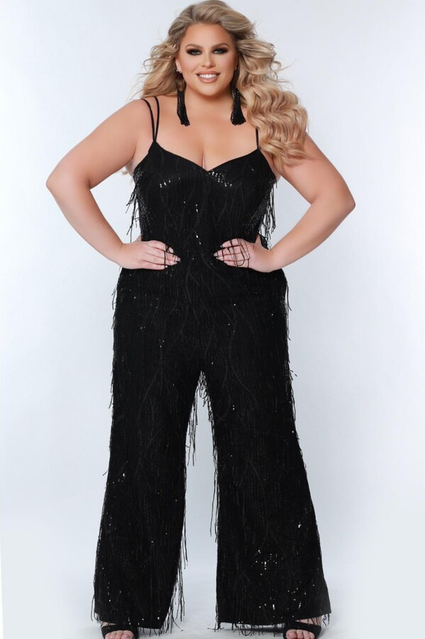 Sydney's Closet Women's Sequin Jumpsuit with Fringe