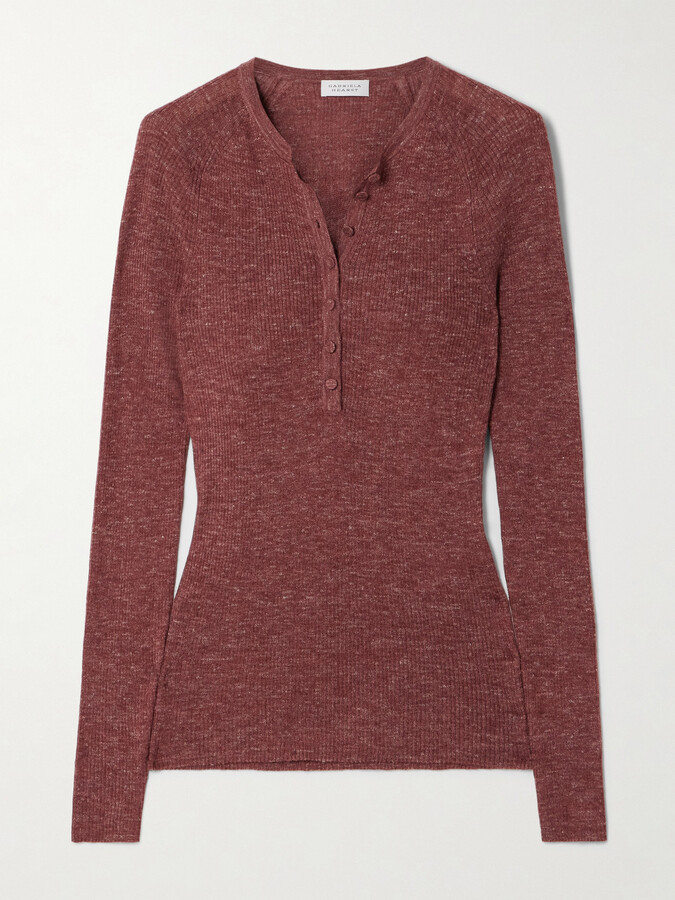 Gabriela Hearst Anges Ribbed Cashmere, Silk And Hemp-blend Henley Top - Burgundy