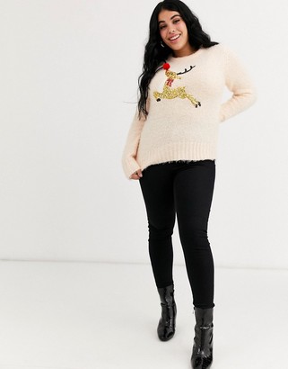 Brave Soul Plus feather yarn jumper with sequins and pom poms