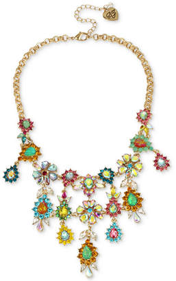 Betsey Johnson Gold-Tone Multi-Stone Flower Statement Necklace, 15" + 3" extender