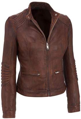 Clark Outfits Women's Cafe Racer Vintage Moto Style Biker Distressed Real Leather Jacket (M)