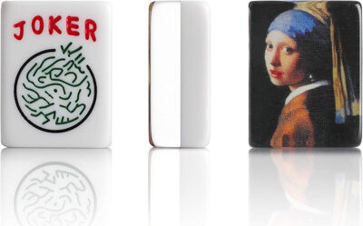 USA MJ TABLE American Mahjong Mah jongg Set Suitcase Limited Edition Embedded Masterpiece Background in Leather Suitcase Girl With The Pearl Earring 166Tiles Woode