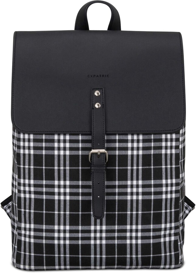 Backpack Women BlackWhite Checked Expatrié “Anouk" Daypack from Cotton Canvas & Vegan Leather