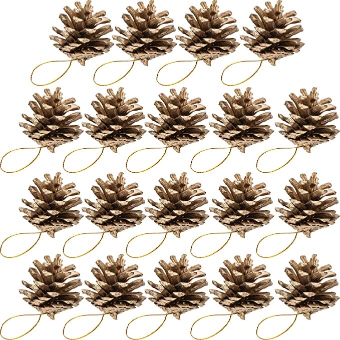 BBTO 18 Pieces 1.57 Inch Christmas Pine Cones Snow Tipped Natural Pine Cone with String for Christmas Tree Decoration (Gold)