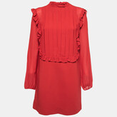 Red Crepe Pleated Ruffle Detail 