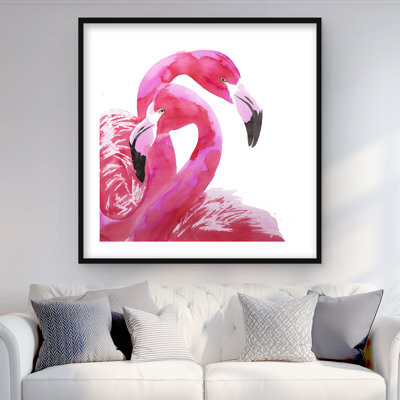 Lark Manor Watercolor Flamingo Love - Romantic Animals Framed Print