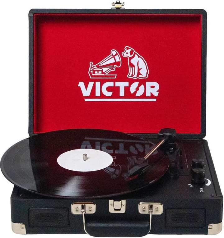 Victor Metro Portable Suitcase Turntable Record Player with Dual Bluetooth In and Out and Built-in Stereo Speakers, Black