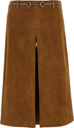 Gucci Womens Cuir Horsebit Pleated Suede Midi Skirt 6