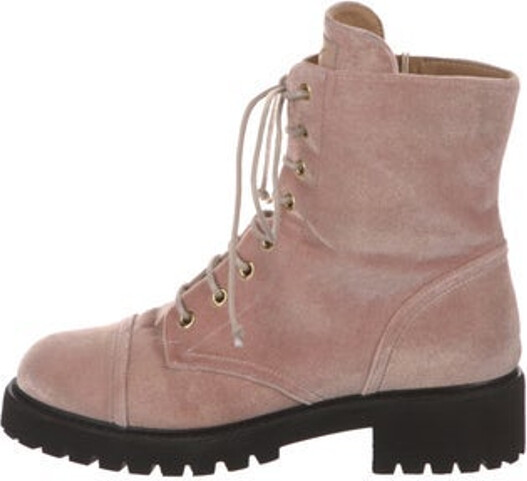 Giuseppe Zanotti Velvet Ankle Combat Boots Pink Round-Toes Lace-Up Closure at Uppers