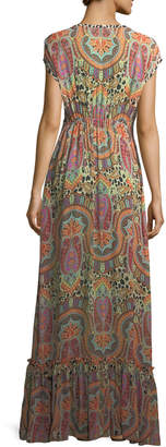 Etro Plunging Cap-Sleeve Printed Coverup Maxi Dress