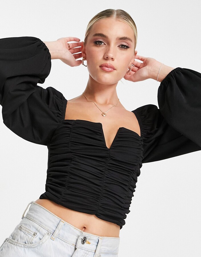 ASOS DESIGN v bar volume sleeve top with ruching in black - ShopStyle