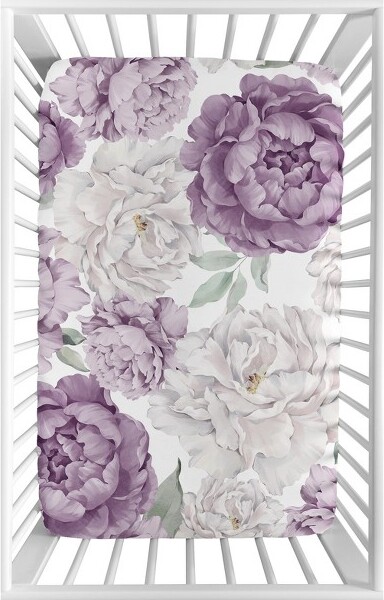 Sweet Jojo Designs SweetJojoDesignsGirlBabyFittedMiniCribSheetPeonyFloralGardenPurpleIvory