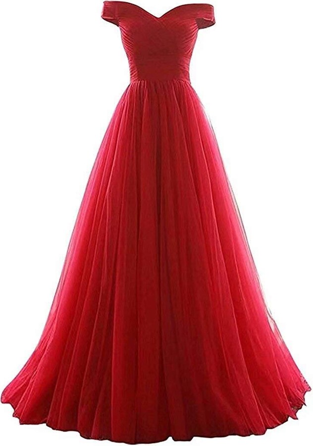 long red off the shoulder prom dress