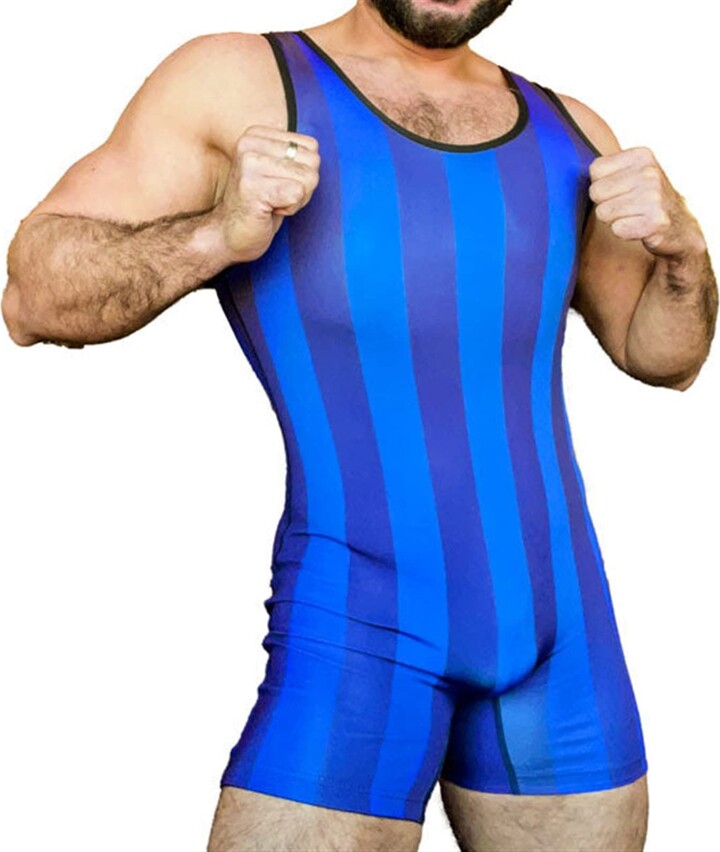 KAMVI Blue Vertical Stripes Wrestling Singlet Bodysuit Leotard Outfit