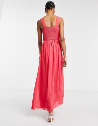 Little Mistress Bridesmaid chiffon maxi dress with pearl embellishment in coral