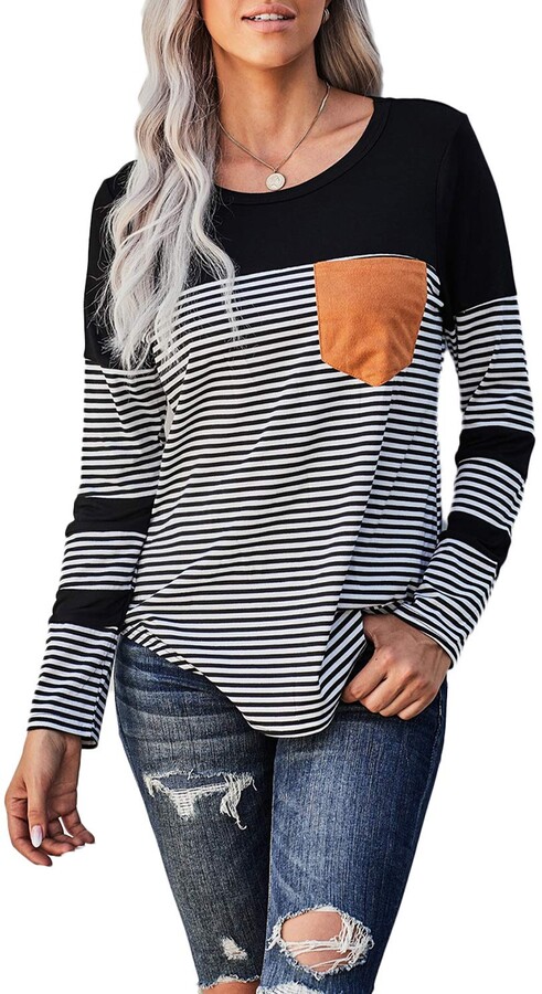 ENCOCO Womens Long Sleeve Striped T Shirts Color Block Round Neck Casual Blouses Tops