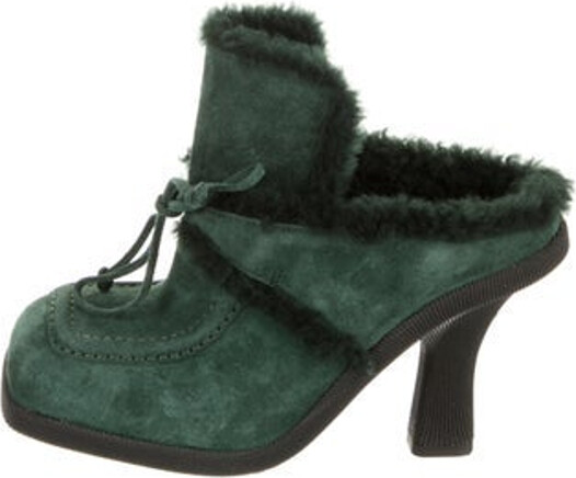 Burberry Suede Mules Green Leather & Shearling Trim Square-Toes Includes Box & Dust Bag