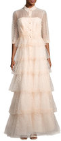 Thumbnail for your product : Carolina Herrera 3/4-Sleeve Tiered Tulle Shirtwaist Gown, Blush