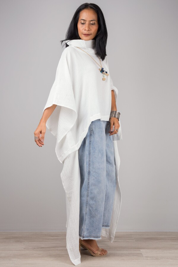 White Cotton Kaftan Dress, High Low Poncho White Top Dress, Turtle Neck Double Gauze