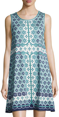 Max Studio Tile-Print Trapeze Dress, Blue Pattern